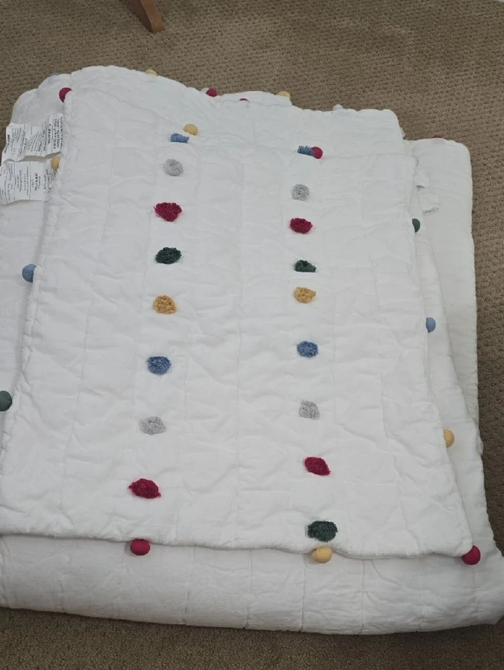 Pottery Barn Kids White Quilted Coverlet And Pillow Case Multicolor Pom-Pom Dots